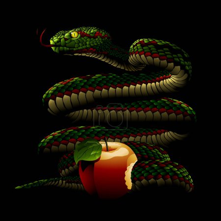 snake with Edens apple, deliver us from evil, vector art illustration.