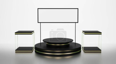 Empty podium golden and black on white background with header branding. Luxury display shelf design. 3D illustrations.
