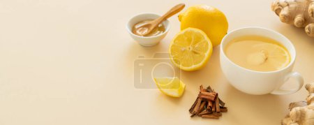Photo for Ginger tea and ingredients - lemon, ginger, honey, copy space - Royalty Free Image