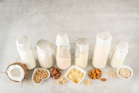Téléchargez les photos : Concept laitier végétal - sélection de laits alternatifs sur fond rustique, vue de dessus - en image libre de droit