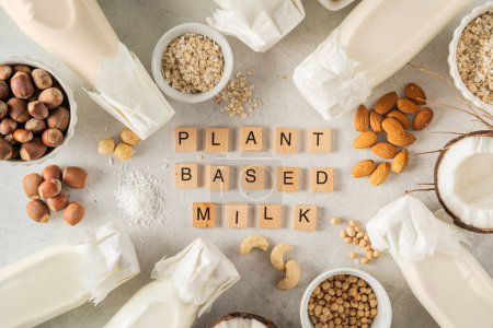 Foto de Concepto de leche a base de plantas - selección de leches alternativas sobre fondo rústico, vista superior - Imagen libre de derechos
