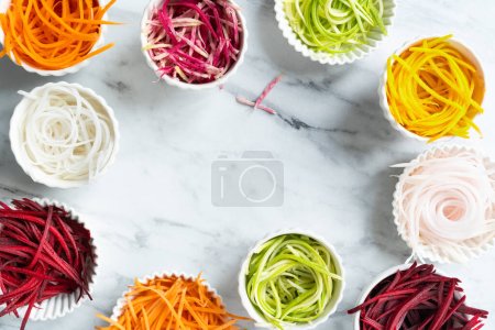 Photo for Vegetable noodle concept - selection of vegetable spaghetti, low carb diet alternative, top view - Royalty Free Image