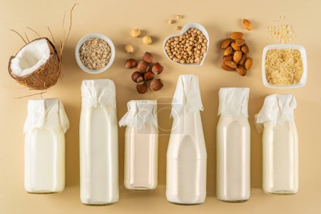 Téléchargez les photos : Concept de lait végétal - sélection de laits alternatifs, vue de dessus - en image libre de droit