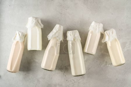 Foto de Concepto de leche a base de plantas - selección de leches alternativas sobre fondo rústico, vista superior - Imagen libre de derechos