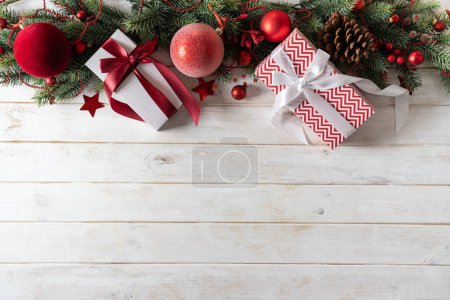 Photo for Christmas concept - background with fir tree and decor. Top view with copy space. High quality photo - Royalty Free Image
