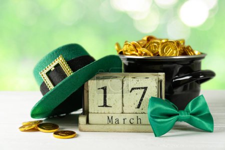 Photo for St Particks day concept - pot of gold, calendar, hat, children party - Royalty Free Image