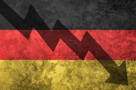 Photo for Arrow down on the background of the Germany flag. The concept of economic recession, depression, crisis and the value of securities. - Royalty Free Image