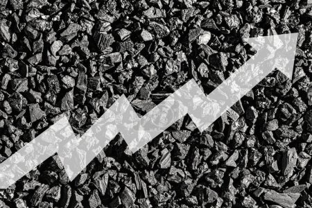 Arrow up on coal background. The concept of price growth, mining, import, export, production, sales or supply of coal.