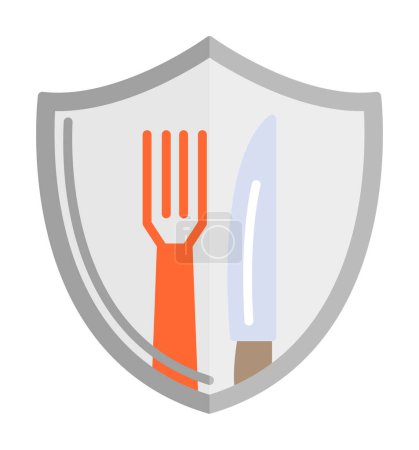 Téléchargez les illustrations : Bouclier avec fourchette et icône de couteau. cuisine, sécurité, restaurant, café. illustration vectorielle - en licence libre de droit