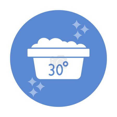 Waschen Sie bei 30 Grad mit Text. Wassertemperatur 30C Vektorzeichen. Waschtemperatur 30 Grad. Wäschesymbol isoliert auf weißem Hintergrund.