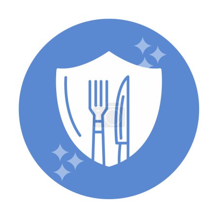 Téléchargez les illustrations : Bouclier avec fourchette et icône de couteau. cuisine, sécurité, restaurant, café. illustration vectorielle - en licence libre de droit