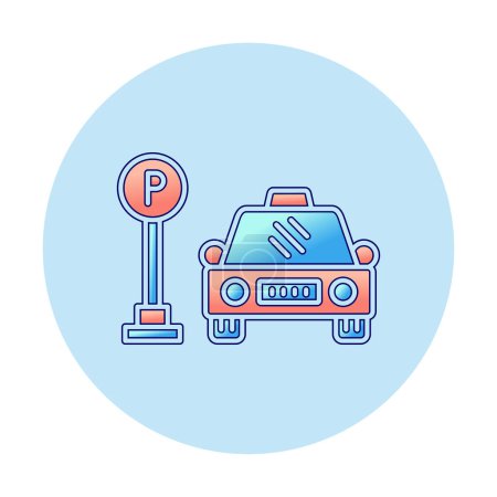 Ilustración de Coche cerca de icono signo de aparcamiento en la ilustración vector círculo - Imagen libre de derechos
