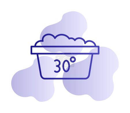 Waschen Sie bei 30 Grad mit Text. Wassertemperatur 30C Vektorzeichen. Waschtemperatur 30 Grad. Wäschesymbol isoliert auf weißem Hintergrund.