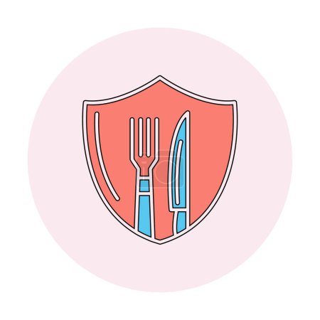 Ilustración de Escudo con tenedor y cuchillo icono. cocina, seguridad, restaurante, cafetería. ilustración vectorial - Imagen libre de derechos