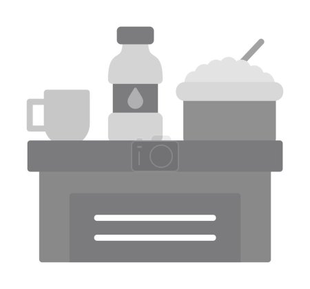Illustration for Table with bottle, bowl of rice and cup of drink icon vector illustration - Royalty Free Image