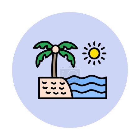 Téléchargez les illustrations : Coucher de soleil et icône de mer, icône de plage, illustration vectorielle - en licence libre de droit