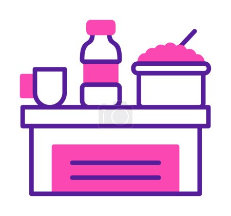 Ilustración de Mesa con botella, tazón de arroz y taza de bebida icono vector ilustración - Imagen libre de derechos