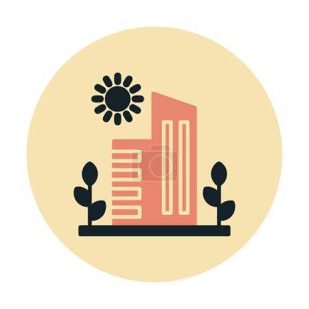 Téléchargez les illustrations : Soleil, plantes et bâtiments illustration vectorielle. Concept de ville verte - en licence libre de droit