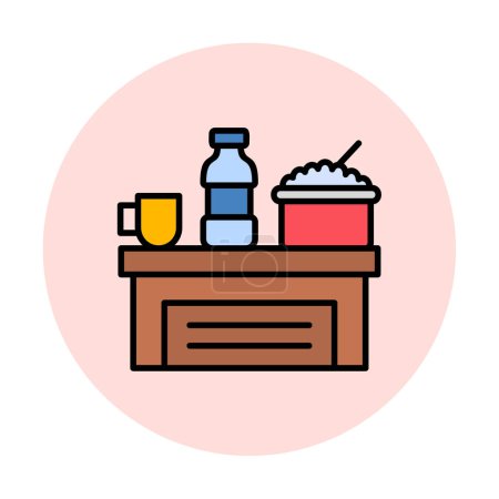 Téléchargez les illustrations : Table avec bouteille, bol de riz et tasse de boisson illustration vectorielle icône - en licence libre de droit