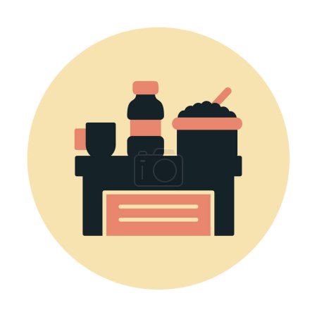 Ilustración de Mesa con botella, tazón de arroz y taza de bebida icono vector ilustración - Imagen libre de derechos