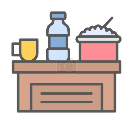 Téléchargez les illustrations : Table avec bouteille, bol de riz et tasse de boisson illustration vectorielle icône - en licence libre de droit