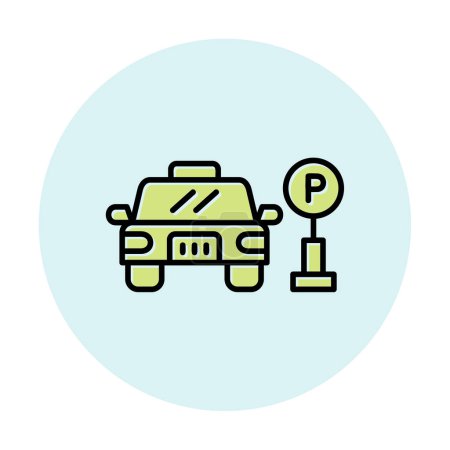 Téléchargez les illustrations : Voiture près de l'icône de panneau de stationnement dans l'illustration vectorielle cercle - en licence libre de droit