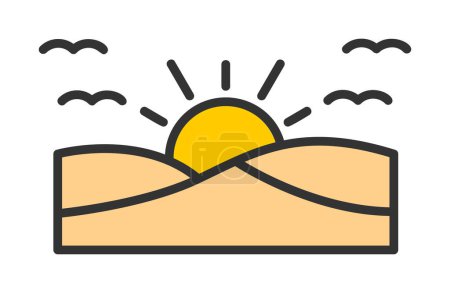 Téléchargez les illustrations : Simple coucher de soleil plat et illustration vectorielle de la mer - en licence libre de droit