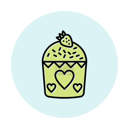Téléchargez les illustrations : Délicieux cupcake sucré avec fraise sur le dessus et décoration des cœurs, icône vectorielle - en licence libre de droit