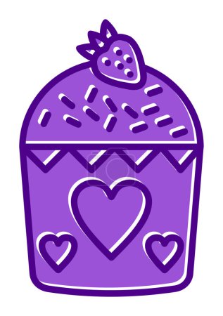 Illustration for Delicious sweet cupcake with strawberry on top and hearts decoration, vector icon - Royalty Free Image