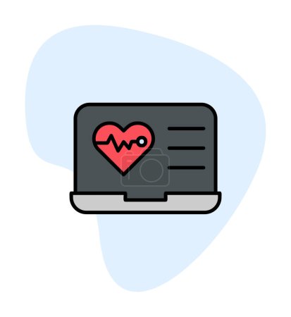 Téléchargez les illustrations : Icône simple battement de coeur plat sur l'illustration de l'ordinateur portable - en licence libre de droit