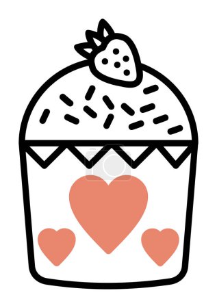 Ilustración de Delicioso cupcake dulce con fresa en la parte superior y la decoración de corazones, icono de vector - Imagen libre de derechos
