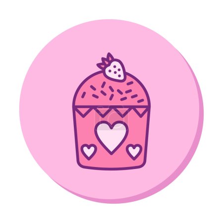 Illustration for Delicious sweet cupcake with strawberry on top and hearts decoration, vector icon - Royalty Free Image