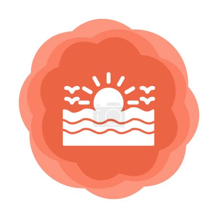 Téléchargez les illustrations : Illustration vectorielle du soleil et de la mer avec icône mouettes volantes - en licence libre de droit