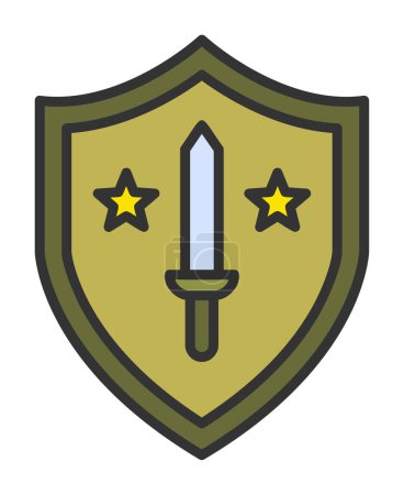 Téléchargez les illustrations : Bouclier militaire avec icône de bande vectorielle d'épée, illustration vectorielle - en licence libre de droit
