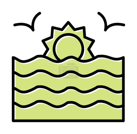 Téléchargez les illustrations : Simple coucher de soleil plat et illustration vectorielle de la mer - en licence libre de droit