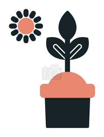 Téléchargez les illustrations : Le Soleil et planter dans l'icône de pot. illustration vectorielle. Symbole photosynthèse - en licence libre de droit