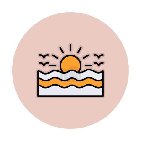 Ilustración de Vector ilustración del sol y el mar con el icono de las gaviotas voladoras - Imagen libre de derechos