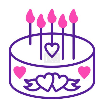 Téléchargez les illustrations : Gâteau avec des bougies et des cœurs icône vectoriel illustration design - en licence libre de droit
