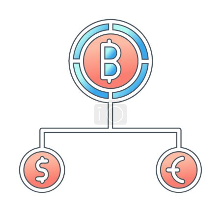 Ilustración de Dividir moneda Estructura con bitcoin, dólar y euro símbolos - Imagen libre de derechos