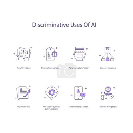 Téléchargez les illustrations : Utilisations discriminatoires de Ai, éthique de l'IA, pratiques équitables de l'IA, ensemble d'icônes vectorielles - en licence libre de droit