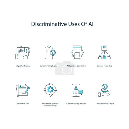 Téléchargez les illustrations : Utilisations discriminatoires de Ai, éthique de l'IA, pratiques équitables de l'IA, ensemble d'icônes vectorielles - en licence libre de droit