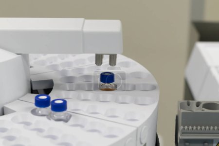 flacon sur échantillonneur automatique d'instrument de chromatographie en phase gazeuse en chimie, gc, hplc, chimique, verrerie., gros plan