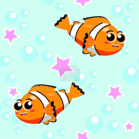 Ilustración de Smiling Nemo pescado patrón sin costura, mariscos, peces de mar, algas sobre fondo de color azul, pez anémona - Imagen libre de derechos