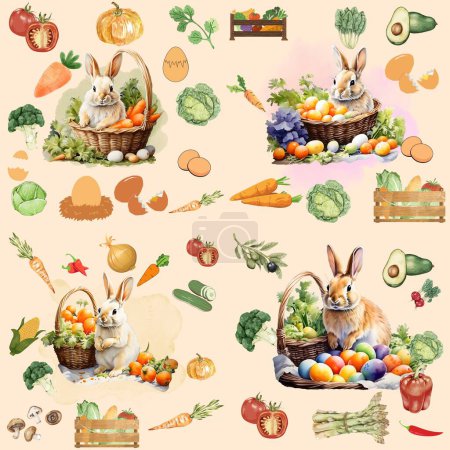 Foto de Conejitos de Pascua fruta huevos flores y verduras acuarela ilustración - Imagen libre de derechos