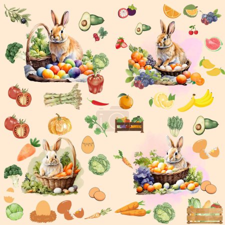 Foto de Patrón sin costuras para iconos de Pascua con huevos de colores, flores, verduras de frutas. - Imagen libre de derechos
