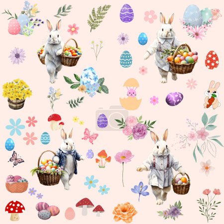 Foto de Patrón sin costuras para iconos de Pascua con huevos de colores, flor - Imagen libre de derechos