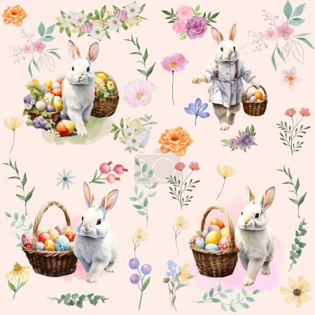 Foto de Patrón sin costura de Pascua feliz, huevos, ilustración del patrón del conejo - Imagen libre de derechos
