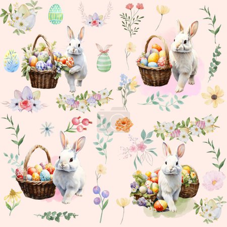 Foto de Iconos de patrón sin costura de Pascua con huevos de colores, flores acuarela. - Imagen libre de derechos