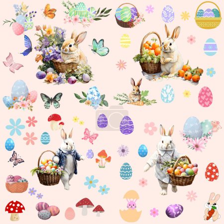 Foto de Patrón sin costuras con conejos y hojas. Patrón de Pascua. Conejo de Pascua - Imagen libre de derechos