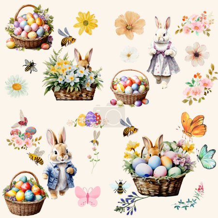 Foto de Iconos de patrón sin costura de Pascua con huevos de colores, jardín de flores. - Imagen libre de derechos